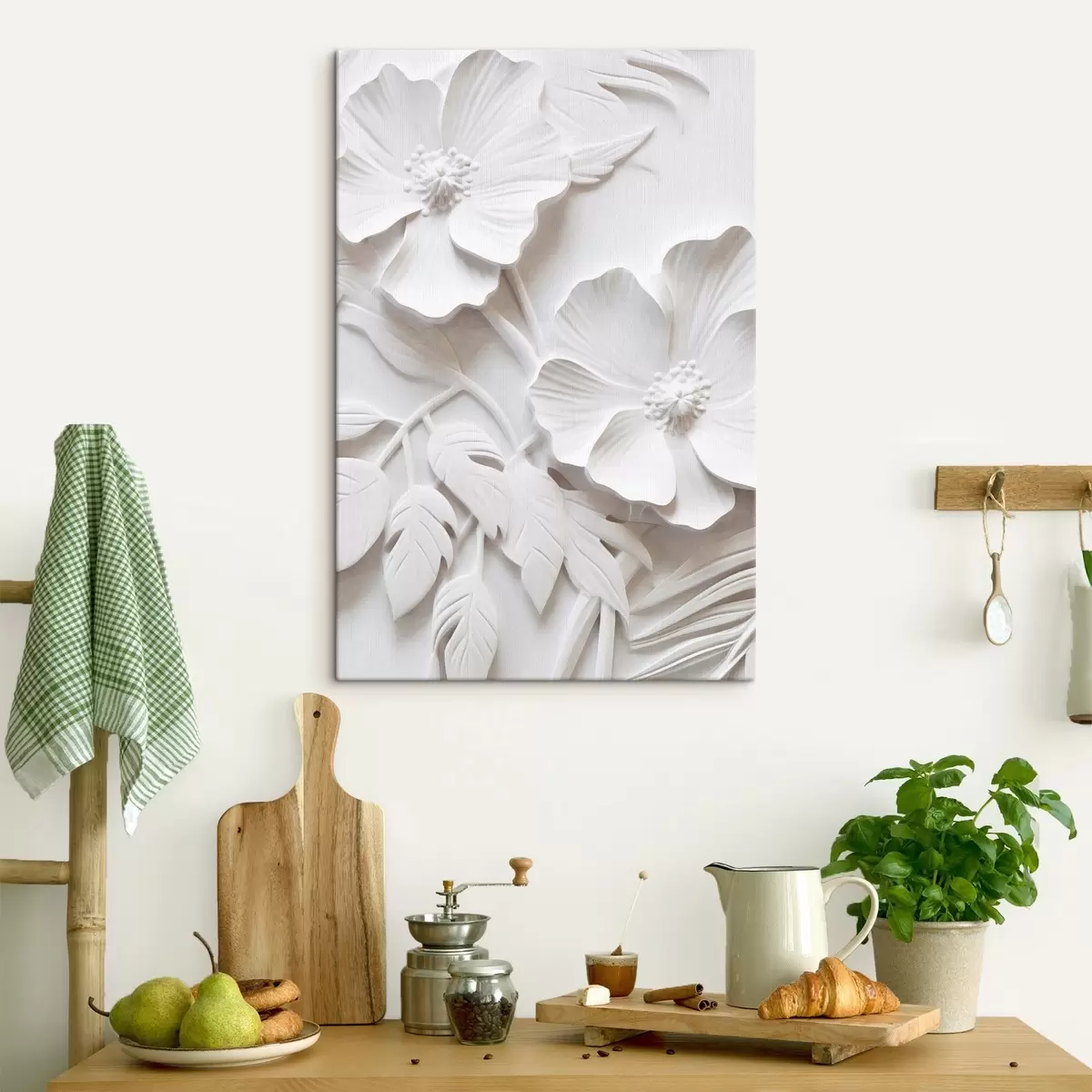 carta da parati Fiori bianchi minimalisti decorativi con foglie, imitazione in rilievo, sfondo bianco nr. s45179