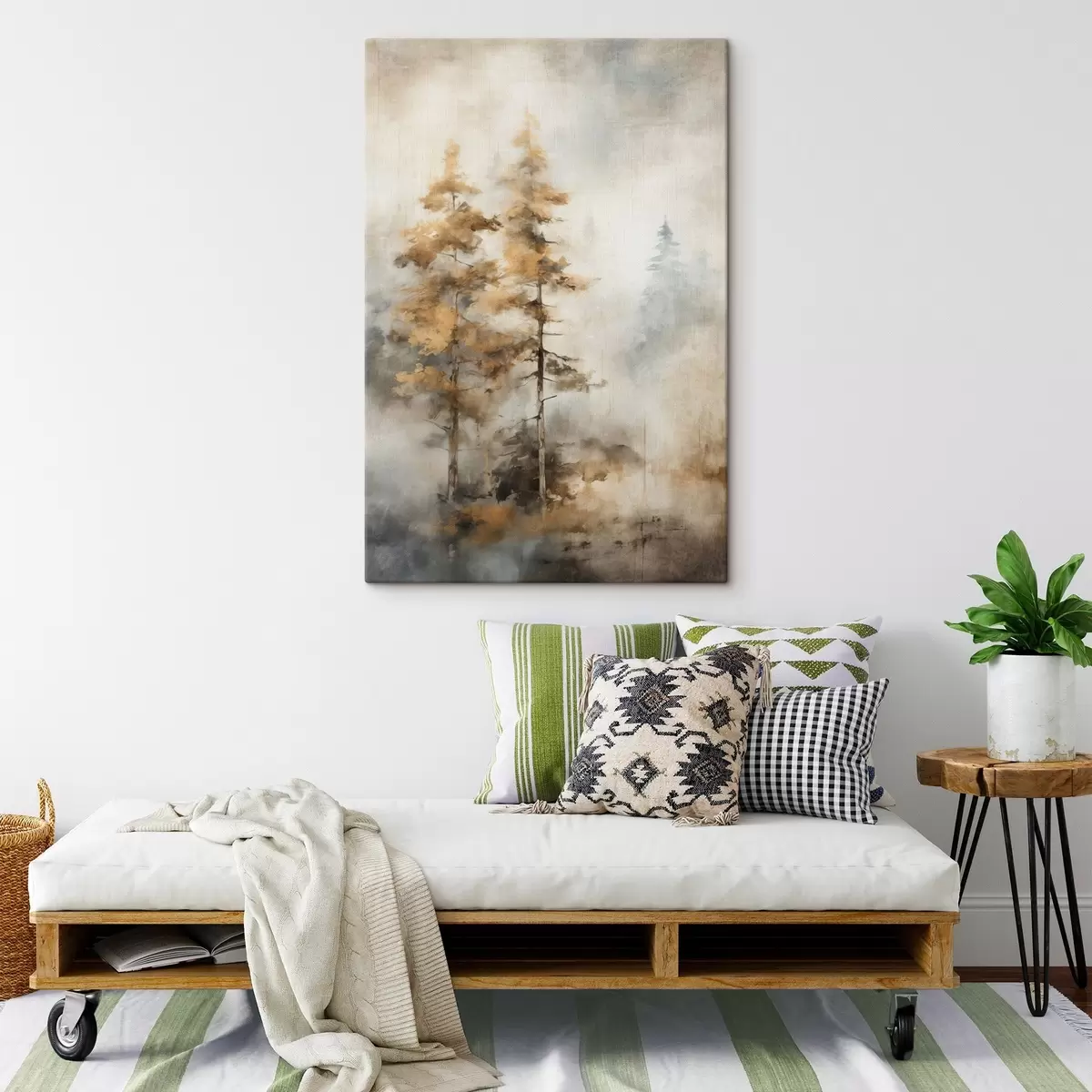 carta da parati Alberi alti e strutturati con foglie gialle in una foresta, lo sfondo è un mix di toni morbidi blu e marroni nr. s45188