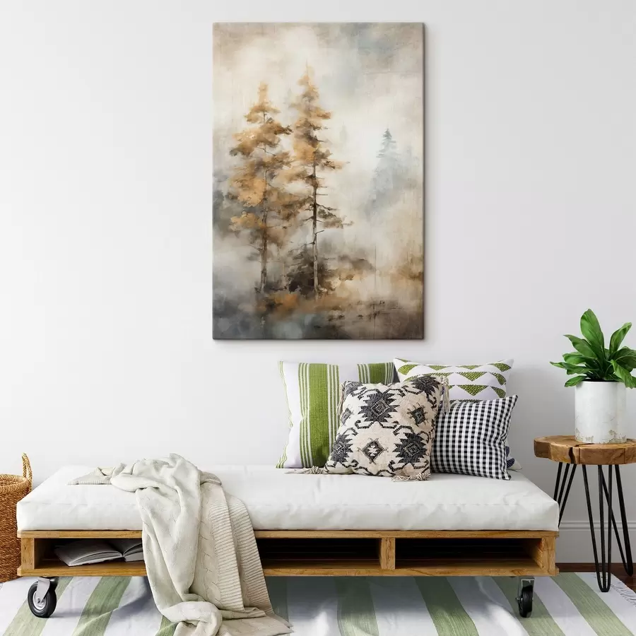 carta da parati Alberi alti e strutturati con foglie gialle in una foresta, lo sfondo è un mix di toni morbidi blu e marroni nr. s45188