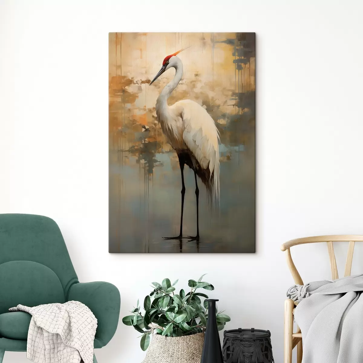 carta da parati Airone bianco su uno sfondo di sfumature gialle, marroni e blu che suggeriscono un paesaggio nebbioso e astratto nr. s45192