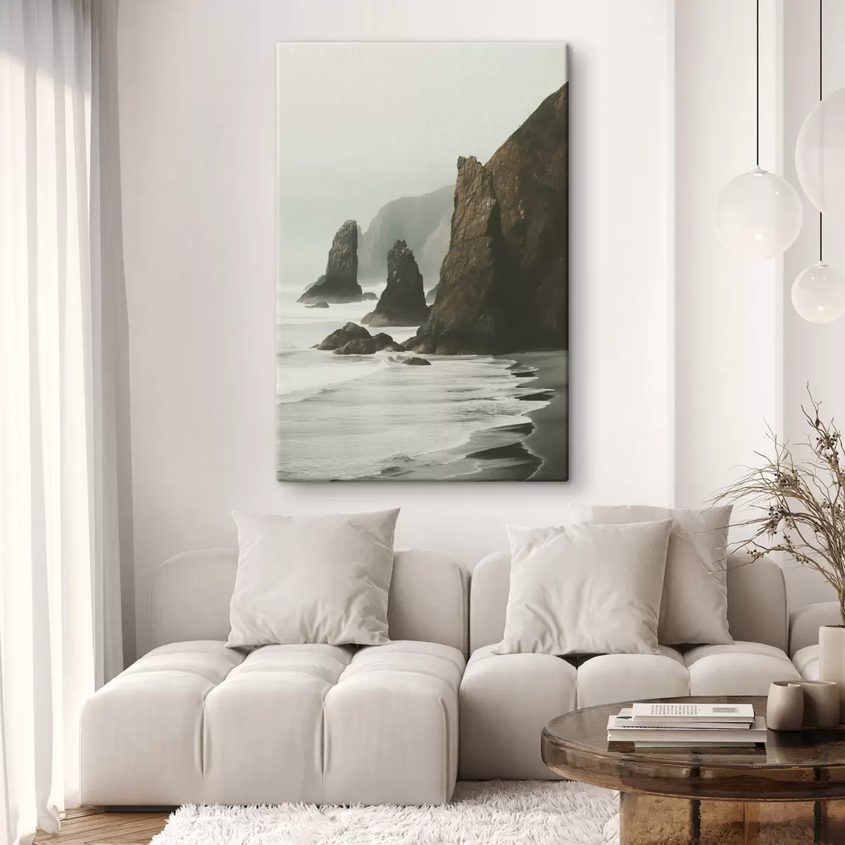 carta da parati Scogliere rocciose e costa marina, onde che si infrangono sulla riva, paesaggio dall'atmosfera lunatica, toni terrosi nr. s45193