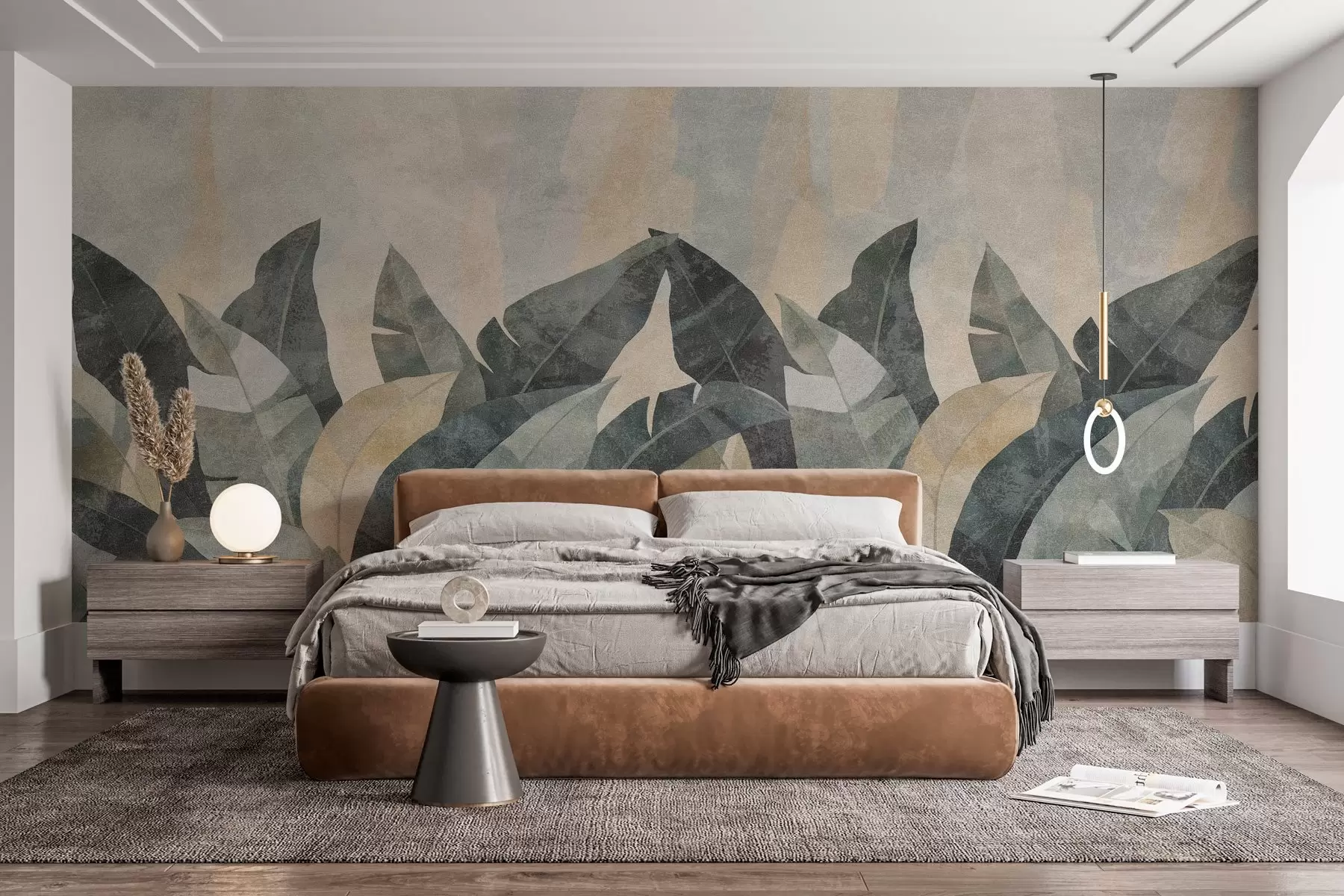 Carta da parati nature foglie di banano strutturate nei toni naturali del beige, del verde e del grigio 