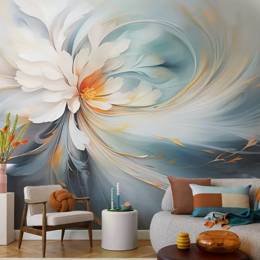 carta da parati Fiore astratto nei toni tenui del blu e dell'arancio nr. w09270