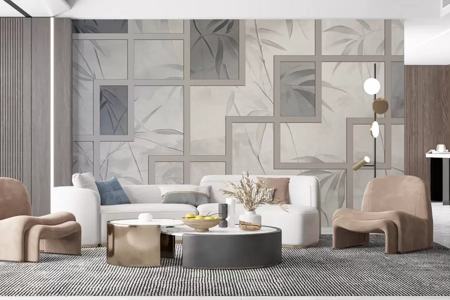 Carta da parati Foglie 3D Bambù e geometria