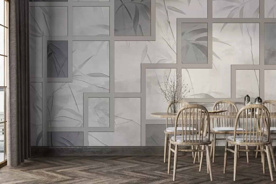 Carta da parati Foglie 3D Bambù e geometria