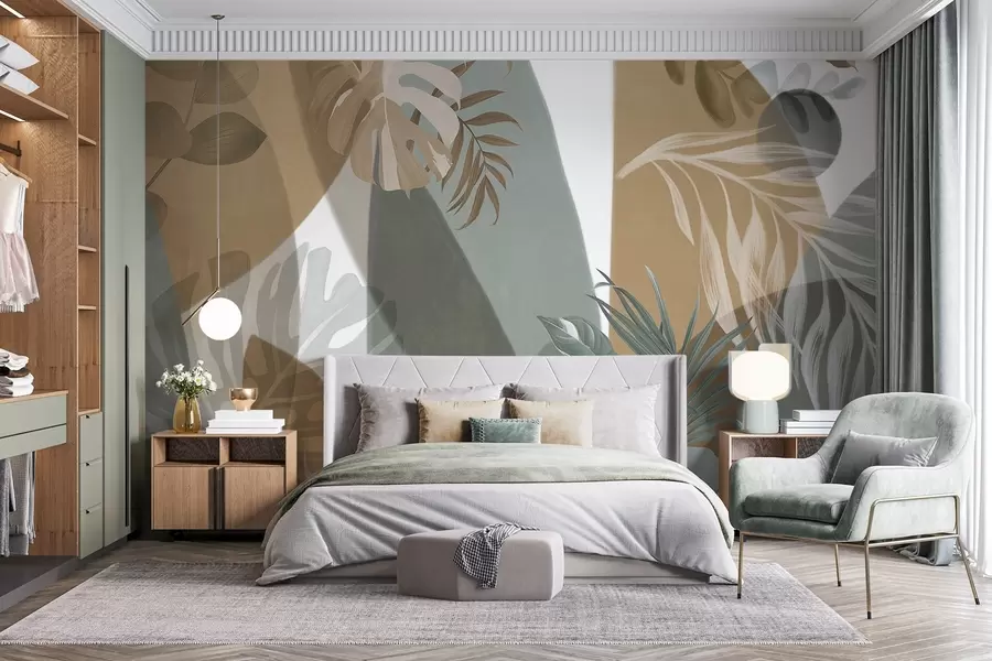 Carta da parati nature Foglie di monstera e foglie di palma in un motivo con colori marrone, bianco e verde, atmosfera tropicale, forme astratte, decorativo 