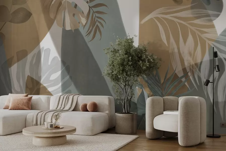 Carta da parati nature Foglie di monstera e foglie di palma in un motivo con colori marrone, bianco e verde, atmosfera tropicale, forme astratte, decorativo 