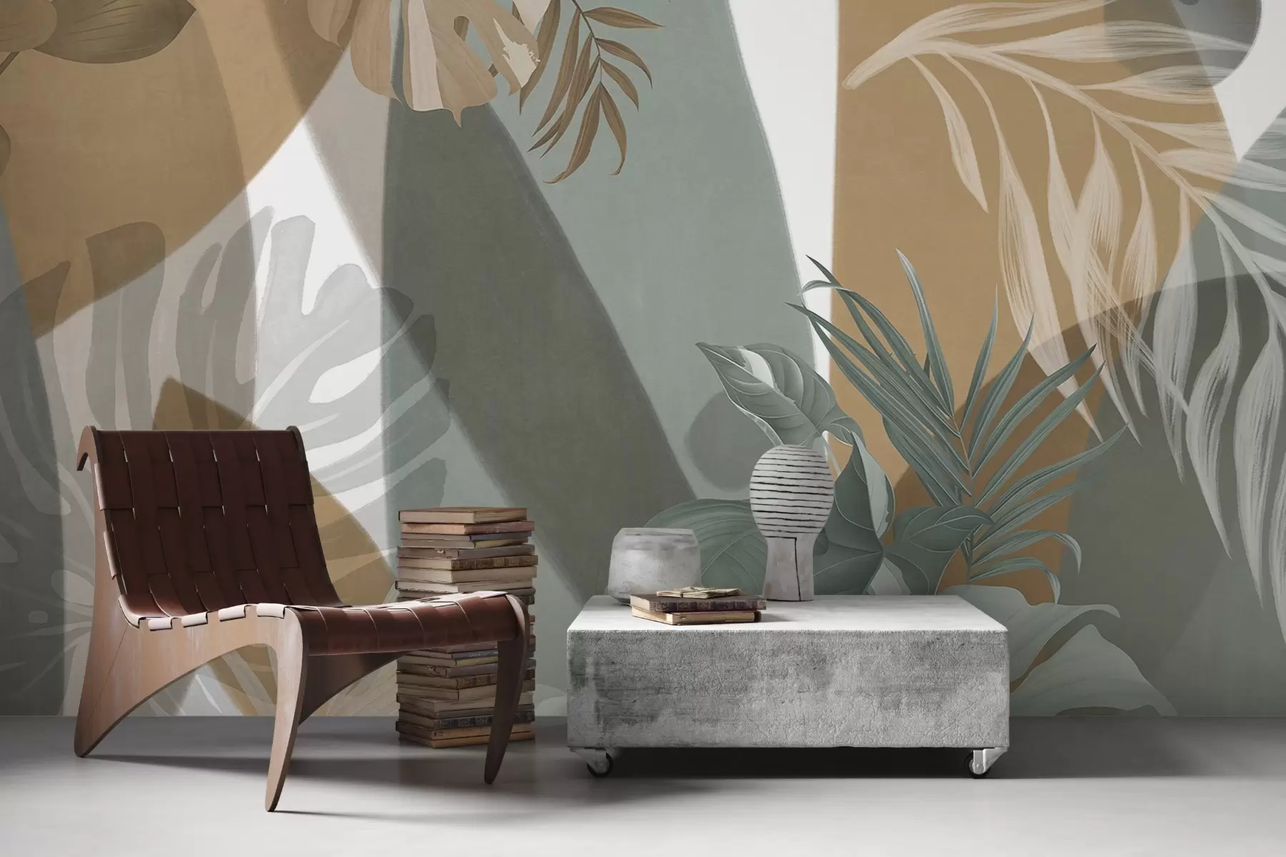 Carta da parati nature Foglie di monstera e foglie di palma in un motivo con colori marrone, bianco e verde, atmosfera tropicale, forme astratte, decorativo 