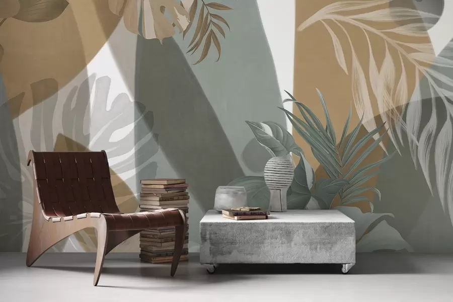 Carta da parati nature Foglie di monstera e foglie di palma in un motivo con colori marrone, bianco e verde, atmosfera tropicale, forme astratte, decorativo 