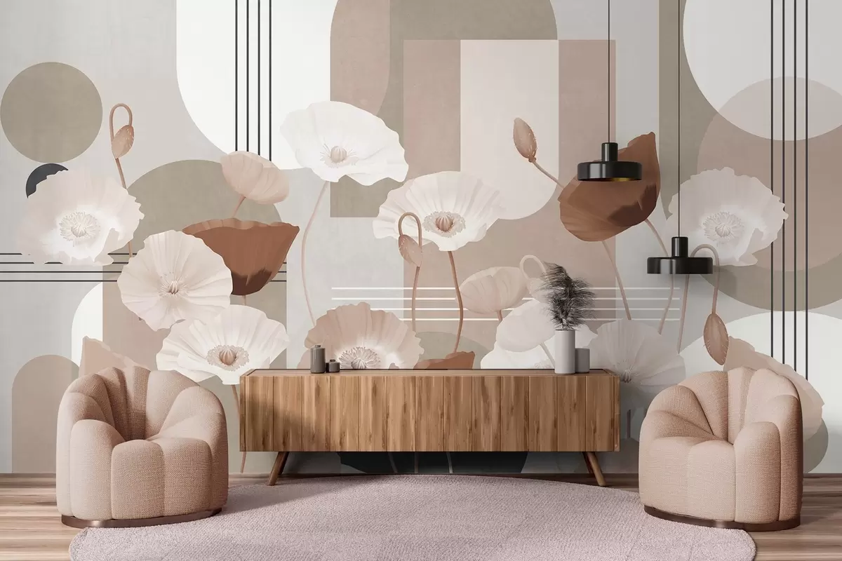 carta da parati Papaveri nei colori bianco e beige con forme geometriche sullo sfondo, cerchi e archi, stile minimalista, colori tenui nr. w09289