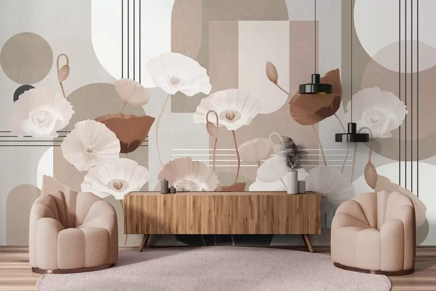 Carta da parati Floreale Papaveri nei colori bianco e beige con forme geometriche sullo sfondo, cerchi e archi, stile minimalista, colori tenui n. w09289