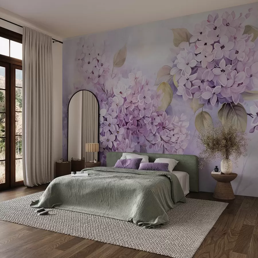 Carta da parati Floreale Fiori lilla strutturati con petali viola chiaro, foglie verde chiaro, stile acquerello, colori tenui e pastello, pennellate delicate n. w09291