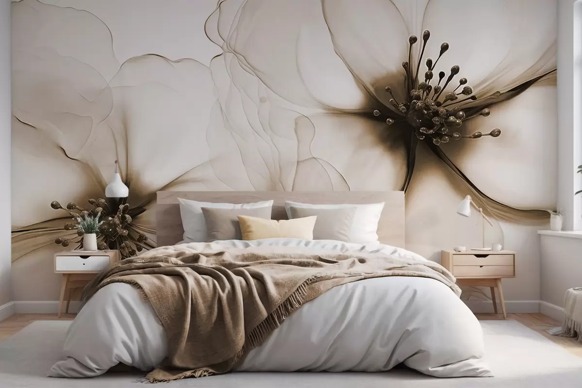 carta da parati Due fiori marroni dalla texture traslucida con stami visibili, petali delicati che si sovrappongono e una consistenza morbida e fluida nr. w09295