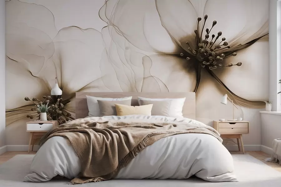 Carta da parati Floreale Due fiori marroni dalla texture traslucida con stami visibili, petali delicati che si sovrappongono e una consistenza morbida e fluida n. w09295