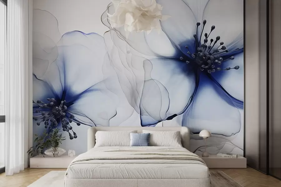 Carta da parati Floreale Due fiori blu dalla texture traslucida con stami visibili, petali delicati sovrapposti e una texture morbida e fluida n. w09295v1