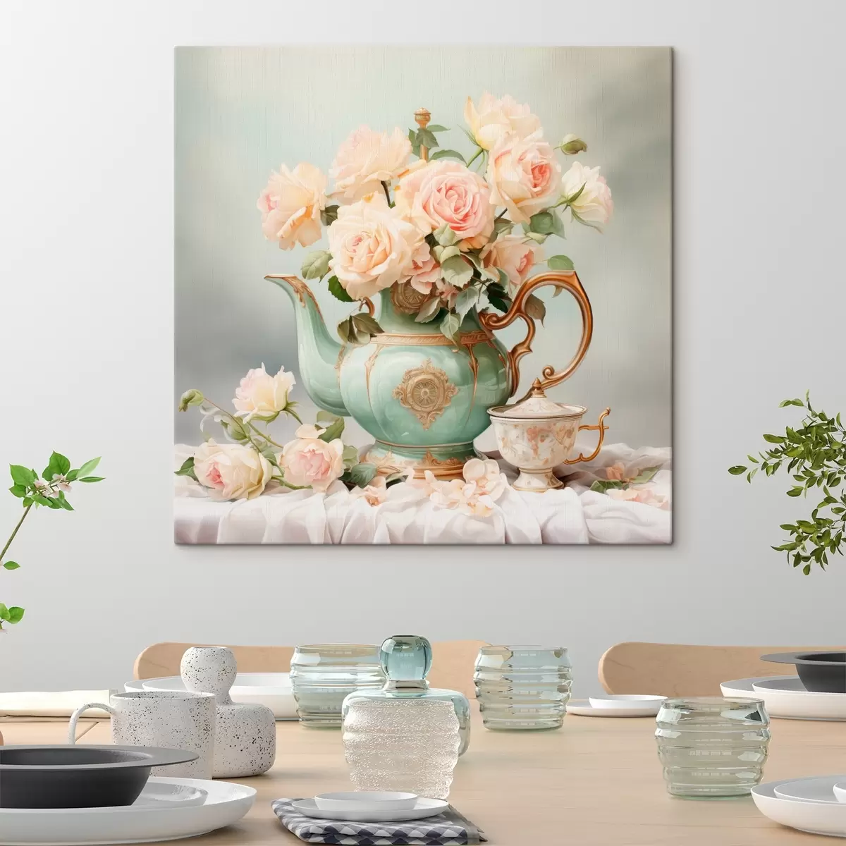 carta da parati Natura morta con rose delicate in un set da tè nr. s45045