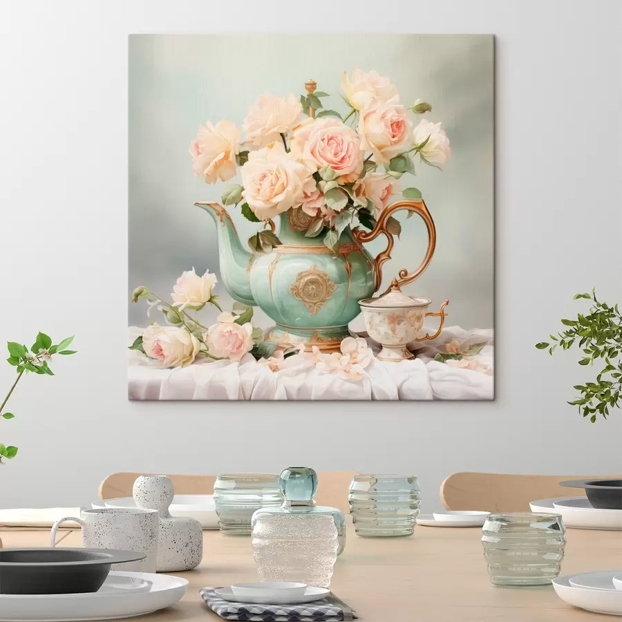 carta da parati Natura morta con rose delicate in un set da tè nr. s45045