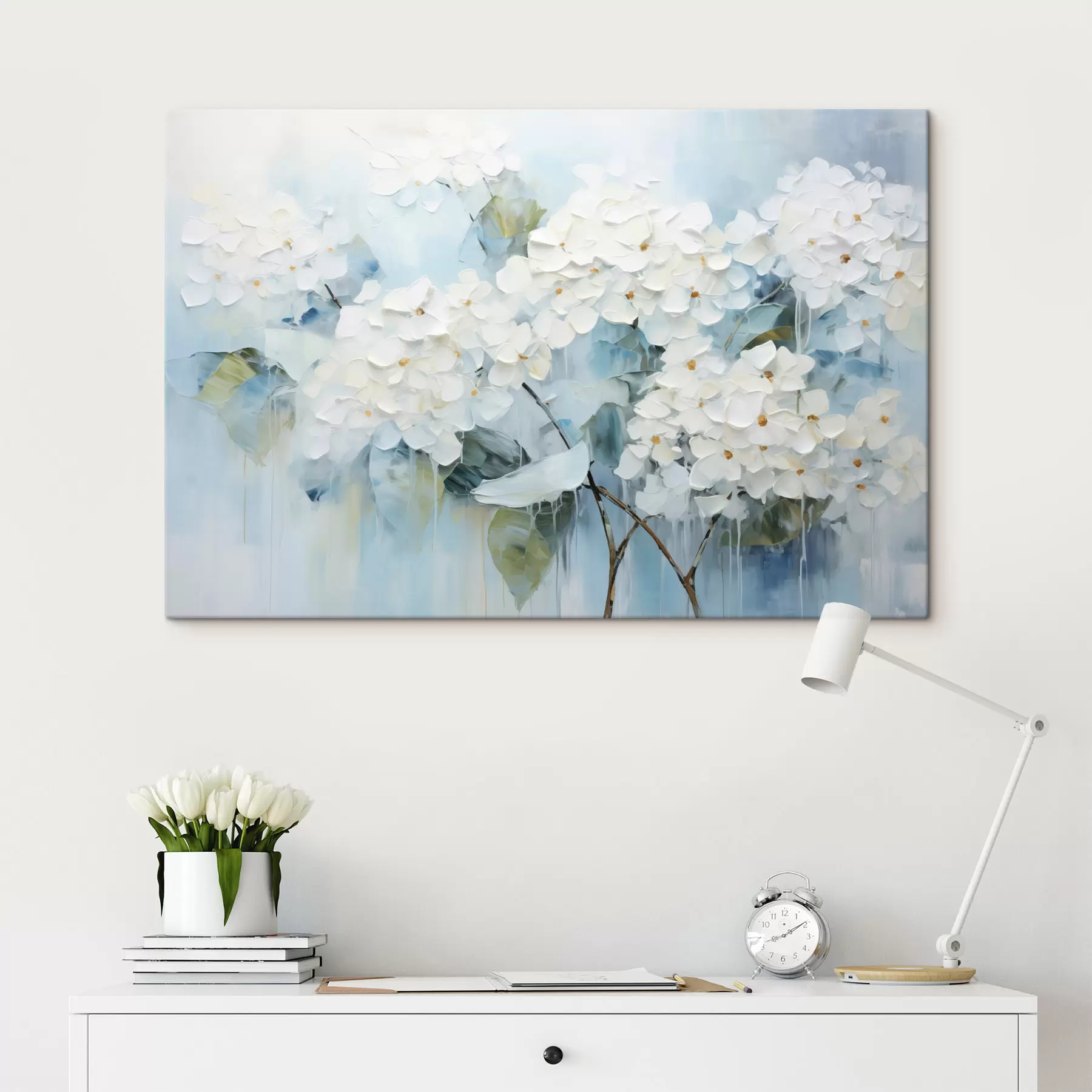 carta da parati Ortensie bianche in fiore in stile pittura ad olio nr. s45051
