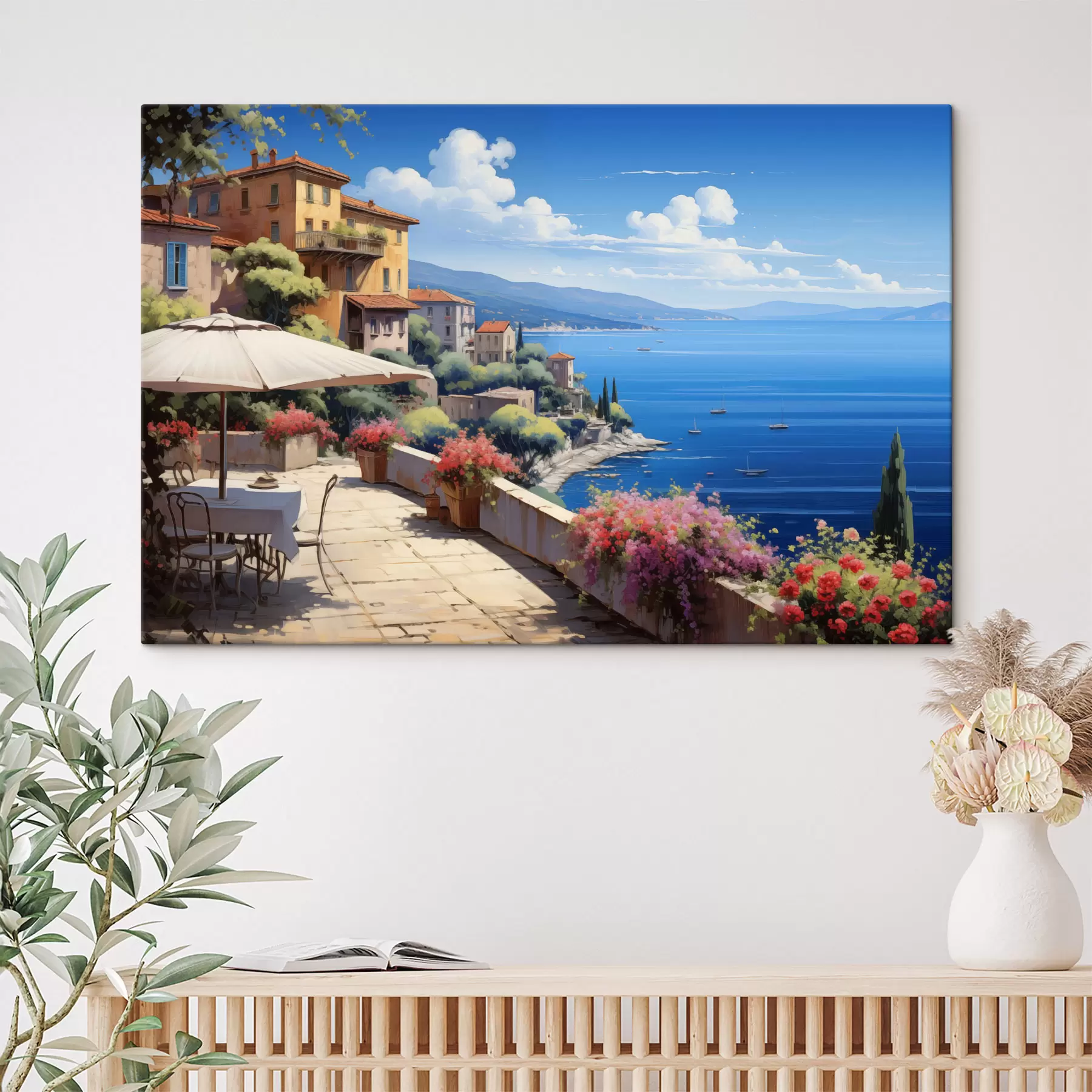 carta da parati Paesaggio mediterraneo con terrazza fiorita in stile artistico nr. s45053