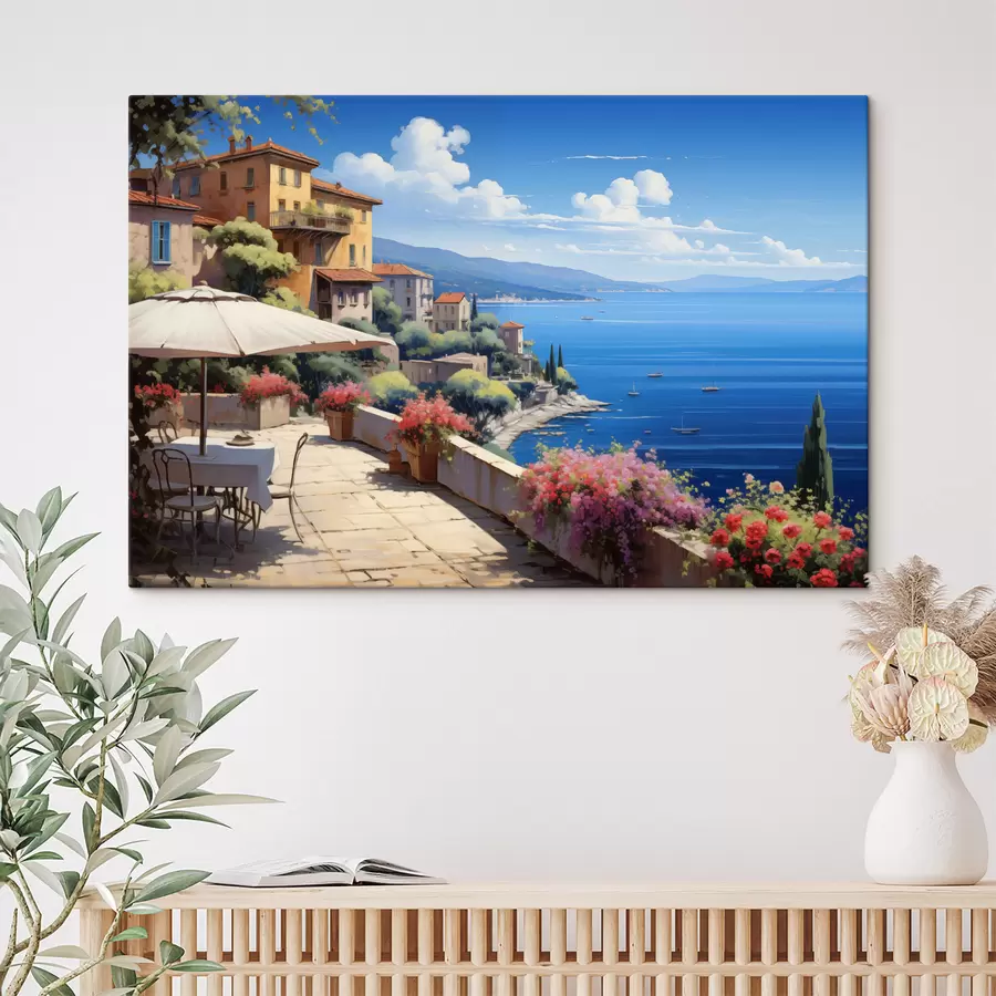 carta da parati Paesaggio mediterraneo con terrazza fiorita in stile artistico nr. s45053
