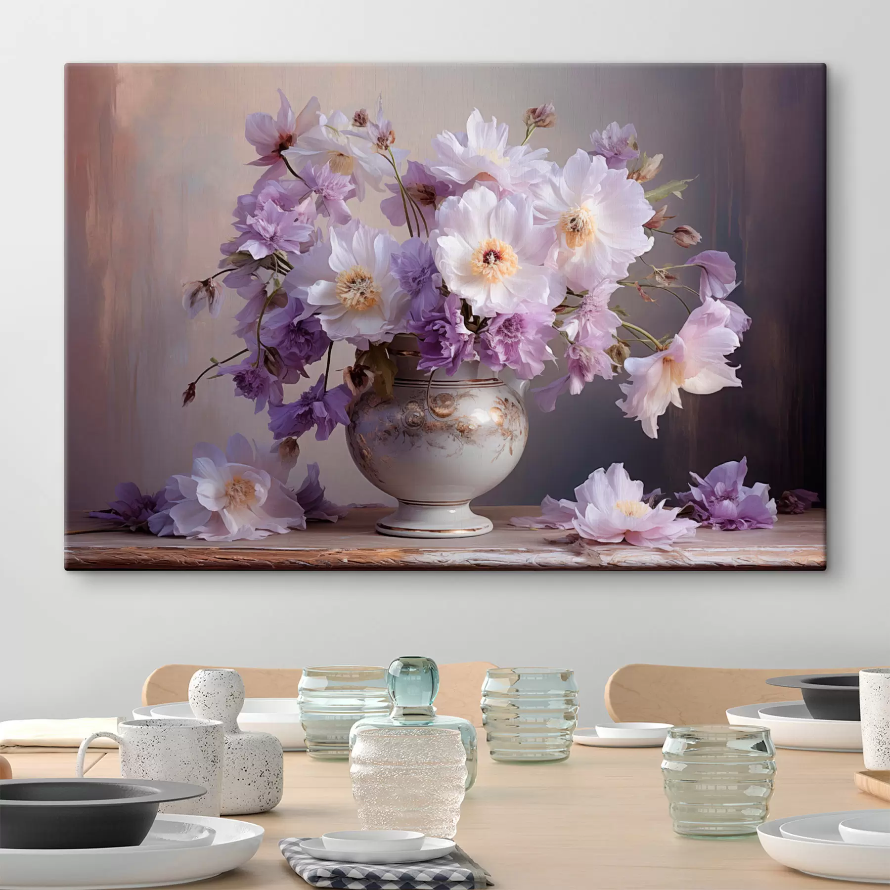 carta da parati Natura morta floreale: fiori bianchi e viola in stile artistico nr. s45058