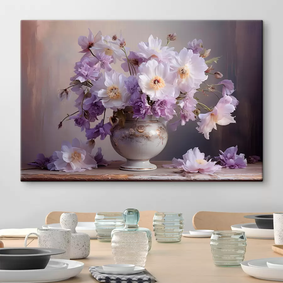 carta da parati Natura morta floreale: fiori bianchi e viola in stile artistico nr. s45058