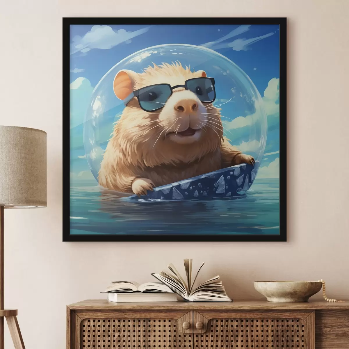 Poster Allegro capibara in una bolla trasparente sull'acqua f45029