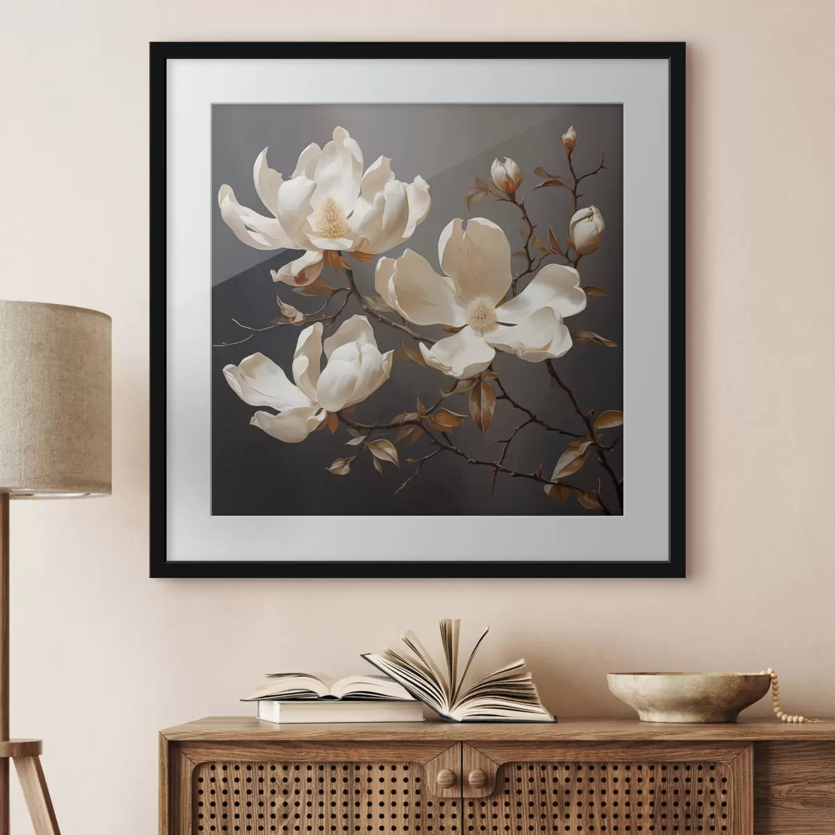 Poster Magnolie bianche su sfondo scuro in stile pittorico f45038