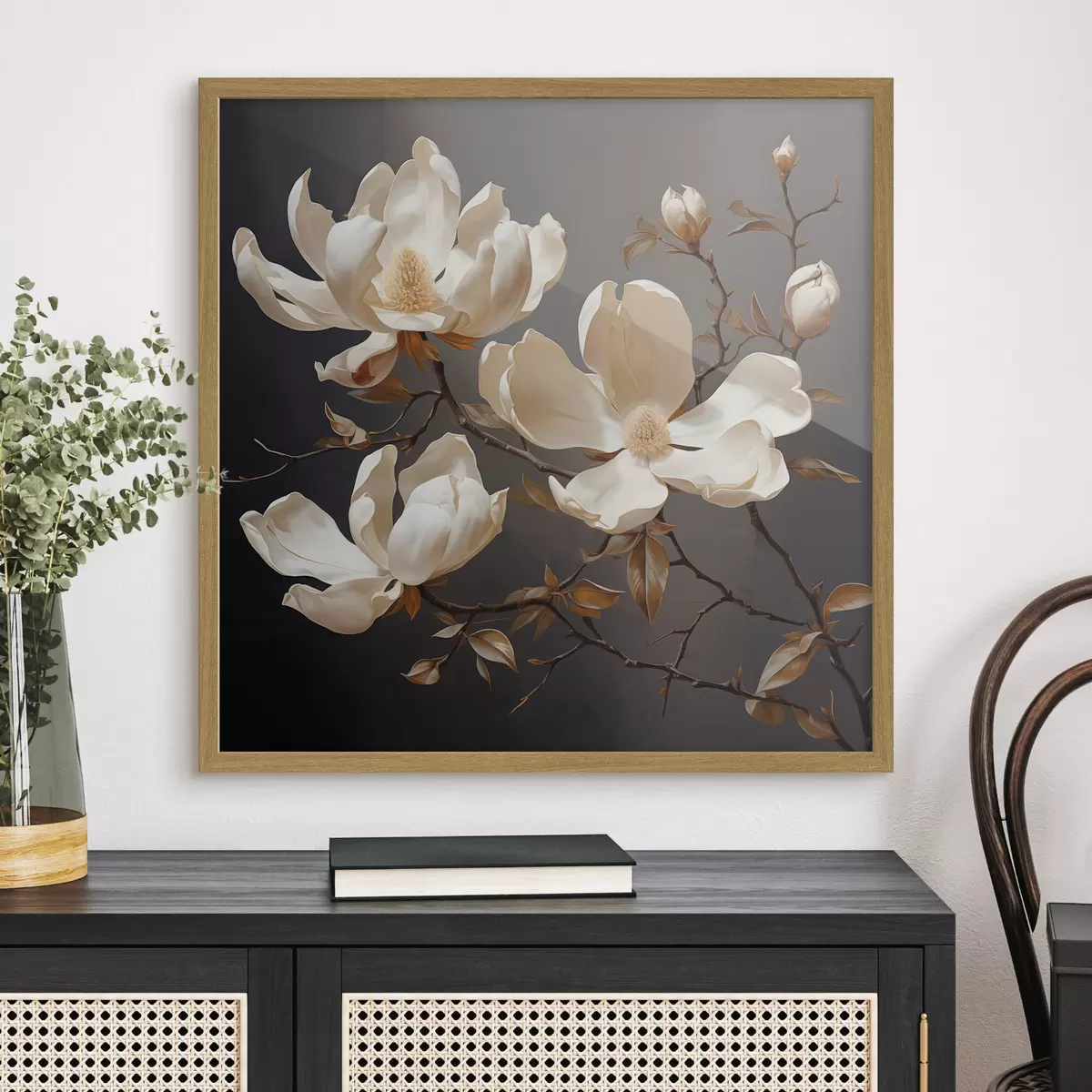 Poster Magnolie bianche su sfondo scuro in stile pittorico f45038
