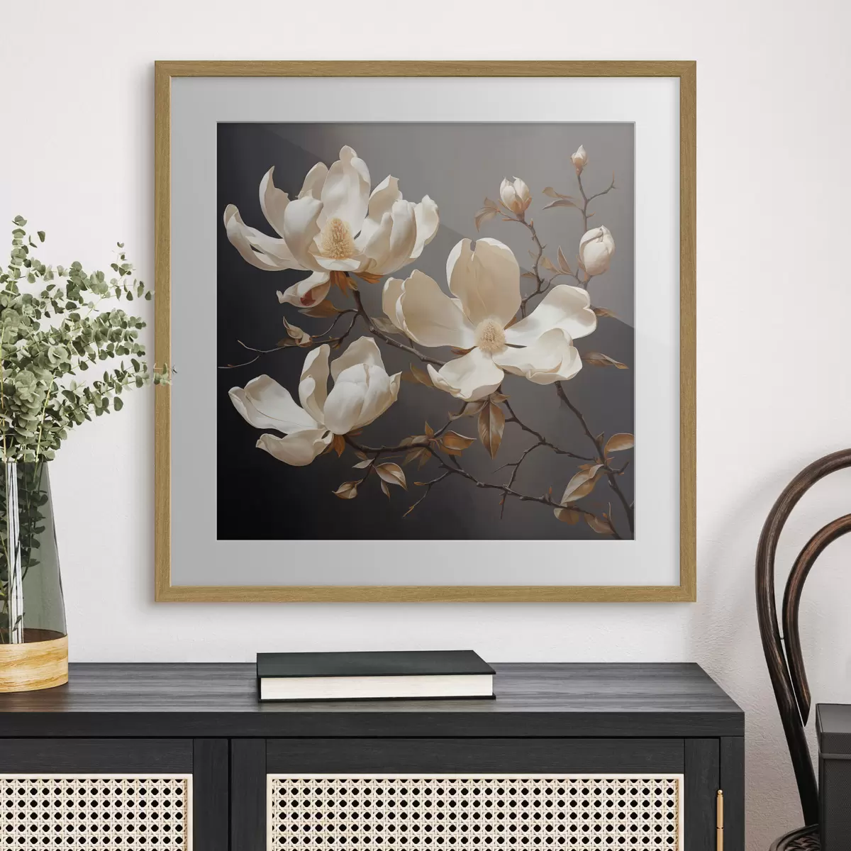 Poster Magnolie bianche su sfondo scuro in stile pittorico f45038