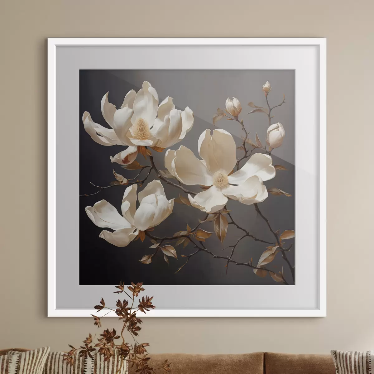 Poster Magnolie bianche su sfondo scuro in stile pittorico f45038