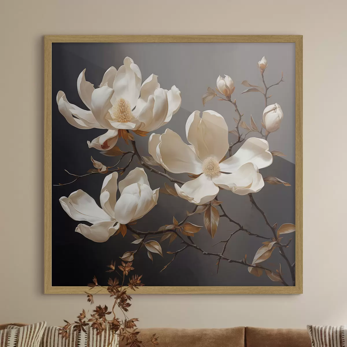 Poster Magnolie bianche su sfondo scuro in stile pittorico f45038