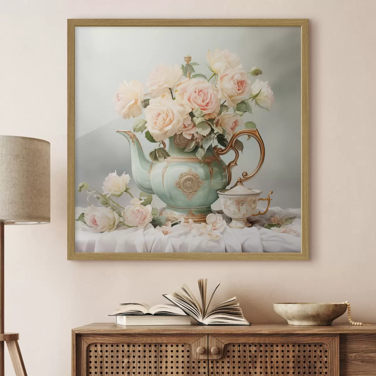 Poster Natura morta con rose delicate in un set da tè f45045