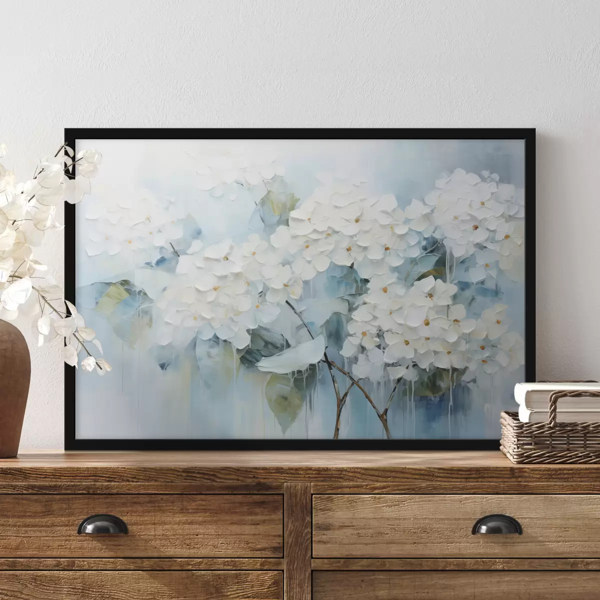 Poster Ortensie bianche in fiore in stile pittura ad olio f45051