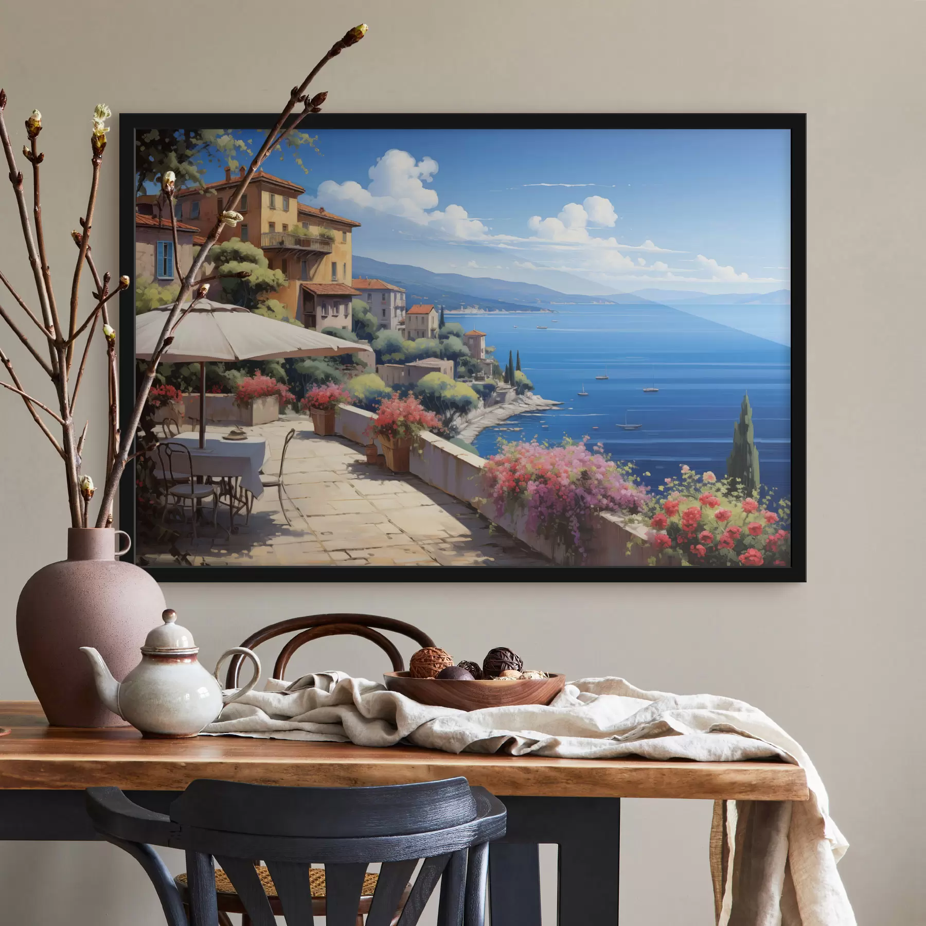 carta da parati Paesaggio mediterraneo con terrazza fiorita in stile artistico nr. f45053