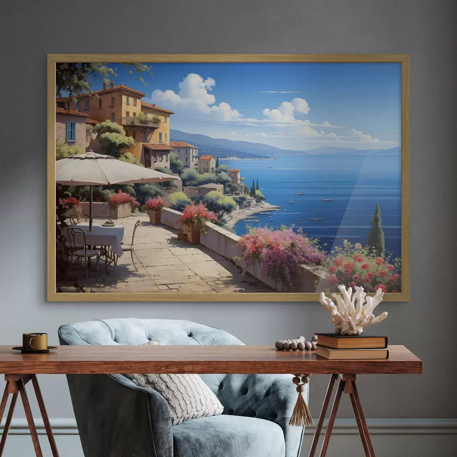 carta da parati Paesaggio mediterraneo con terrazza fiorita in stile artistico nr. f45053