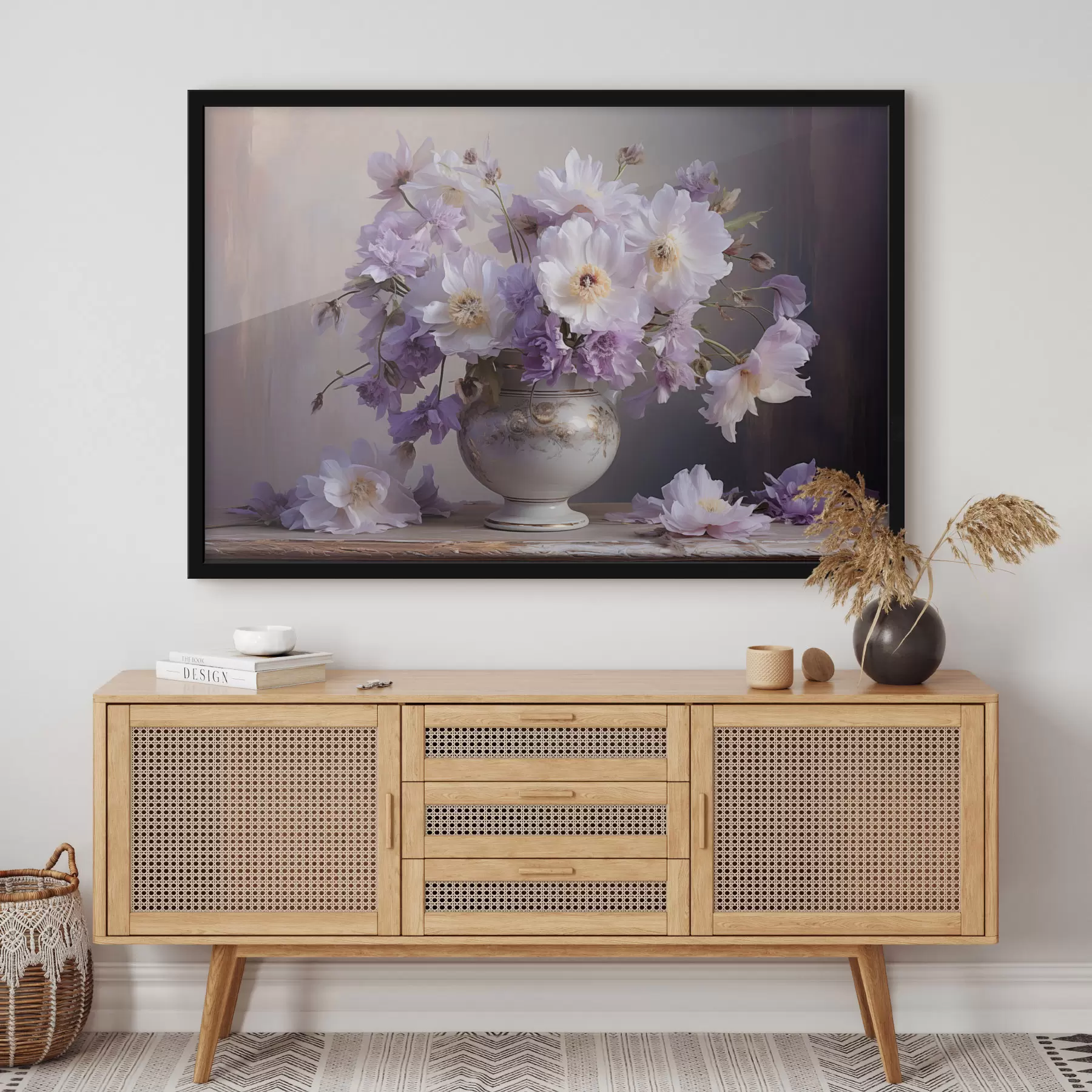 carta da parati Natura morta floreale: fiori bianchi e viola in stile artistico nr. f45058