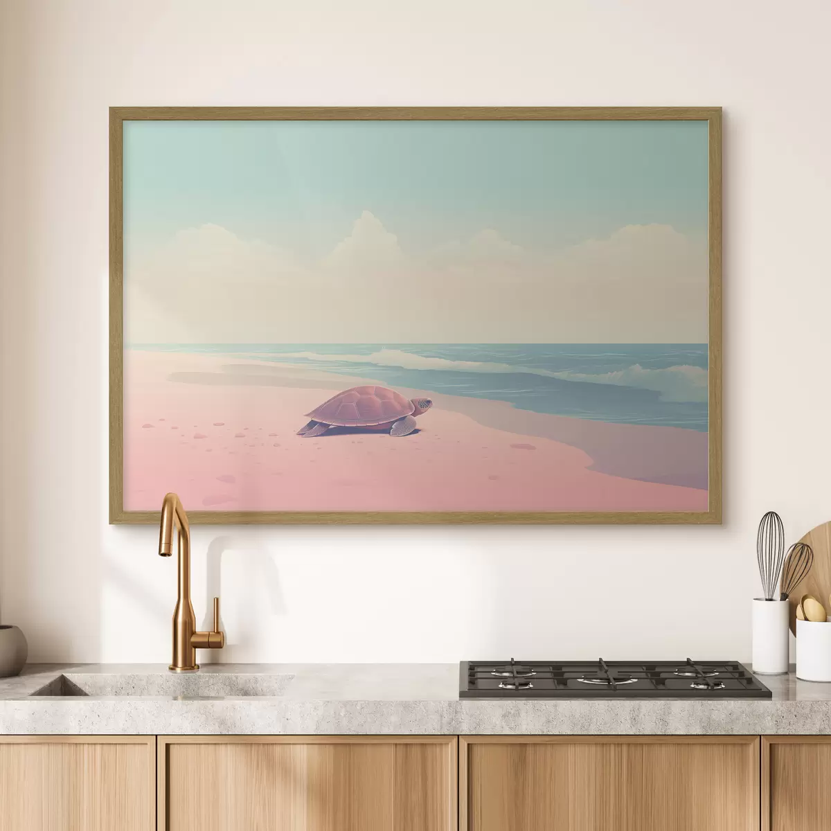 Poster Tartaruga marina su una spiaggia rosa: paesaggio minimalista f45059