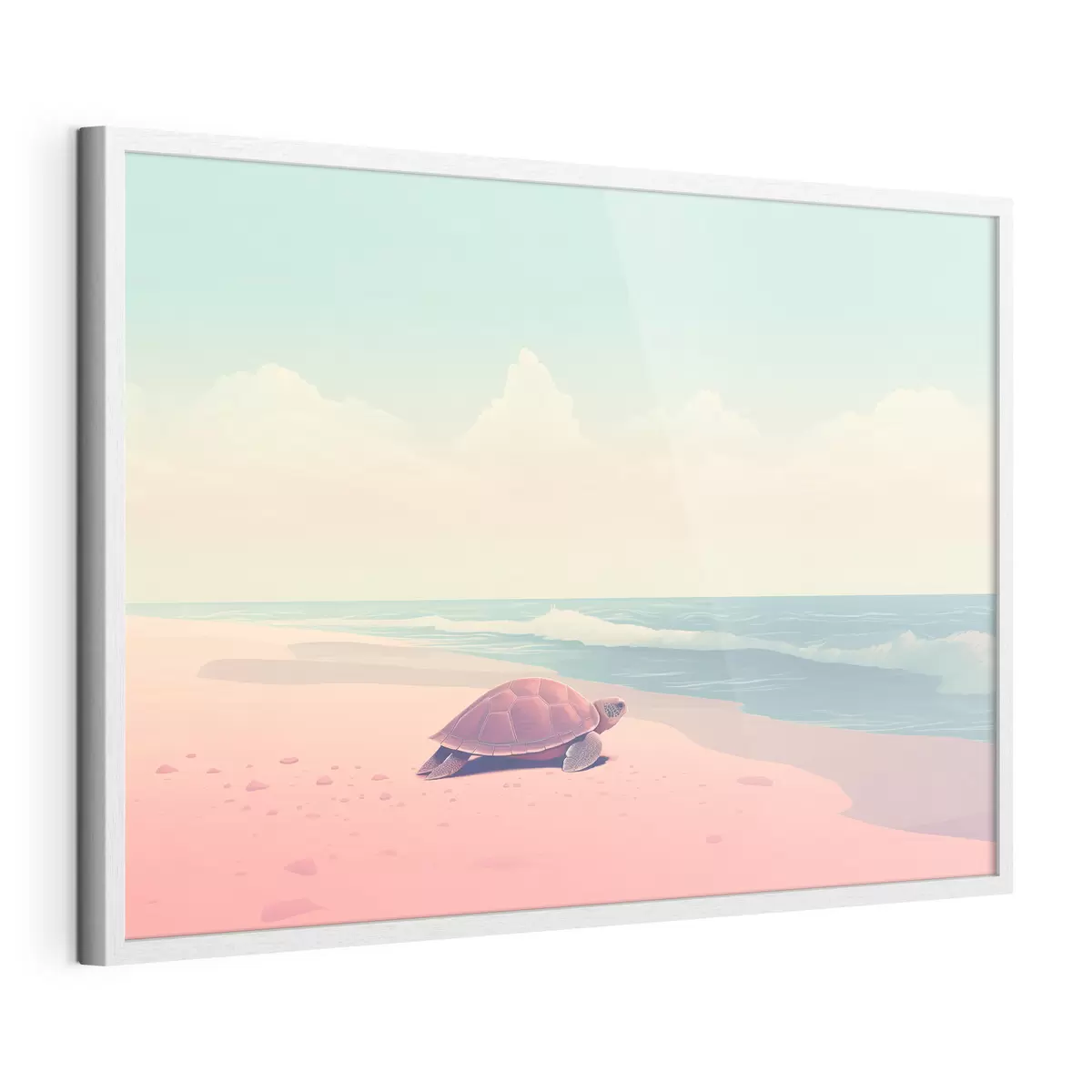 Poster Tartaruga marina su una spiaggia rosa: paesaggio minimalista f45059