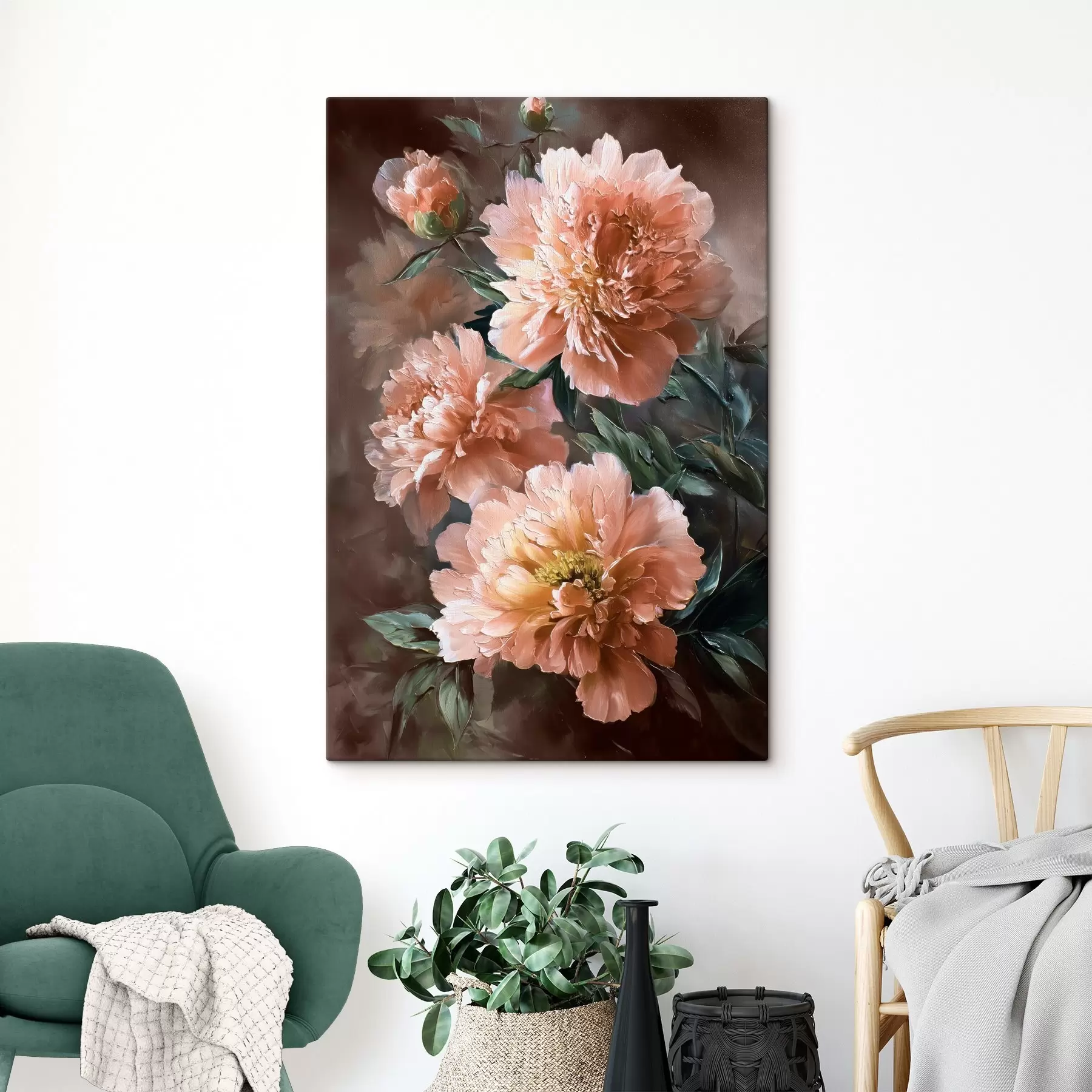 carta da parati Peonie rosa su uno sfondo dai toni caldi in stile pennellato nr. s45260