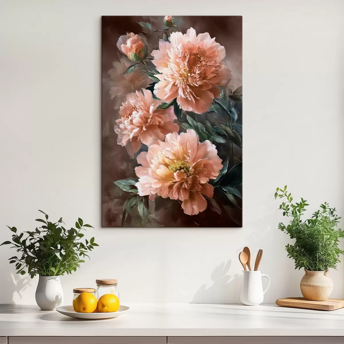 carta da parati Peonie rosa su uno sfondo dai toni caldi in stile pennellato nr. s45260