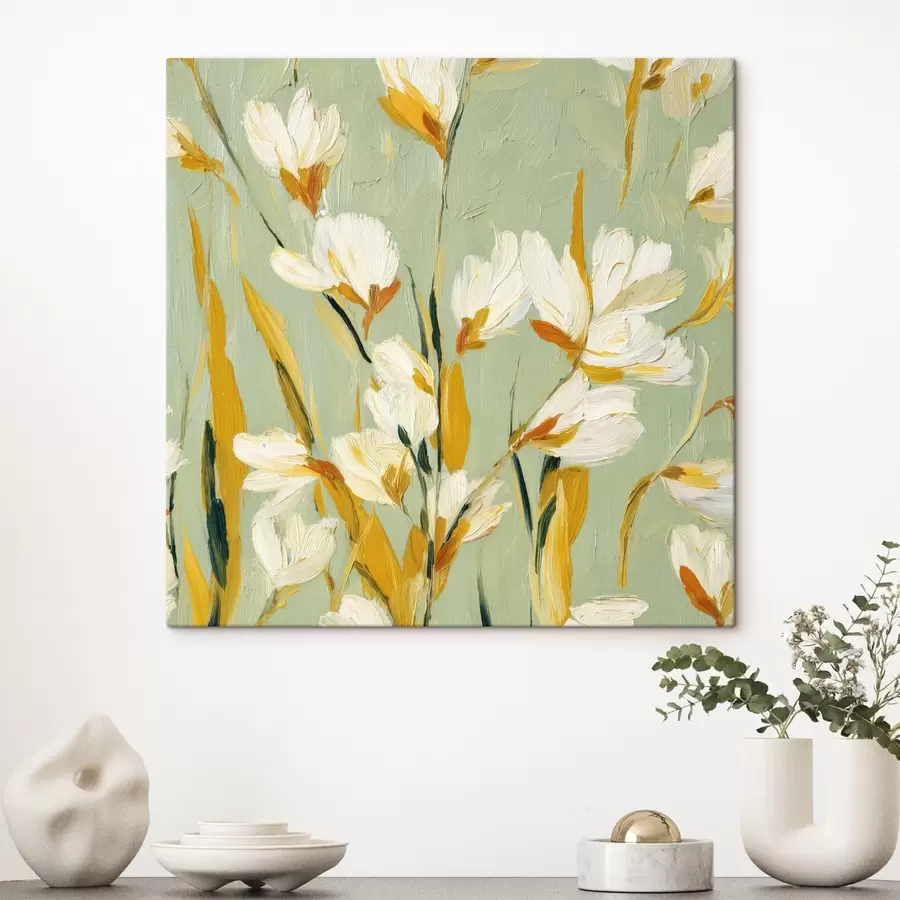 carta da parati Fiori bianchi con accenti gialli su sfondo menta in stile pennellata nr. s45264