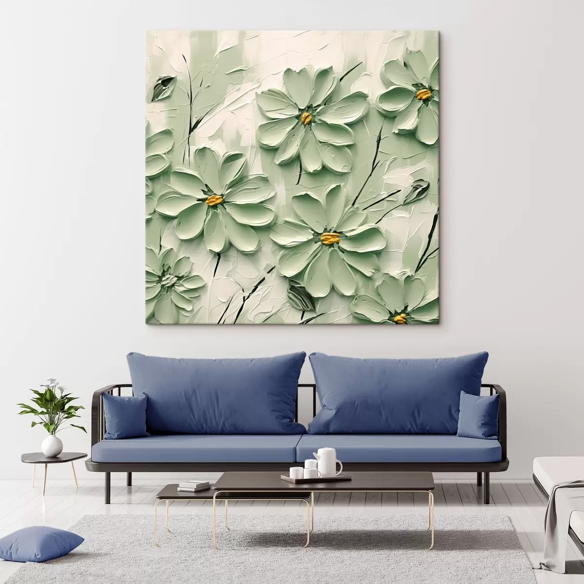 carta da parati Fiori verdi con centro giallo dipinti con pennellate spesse su sfondo chiaro nr. s45265