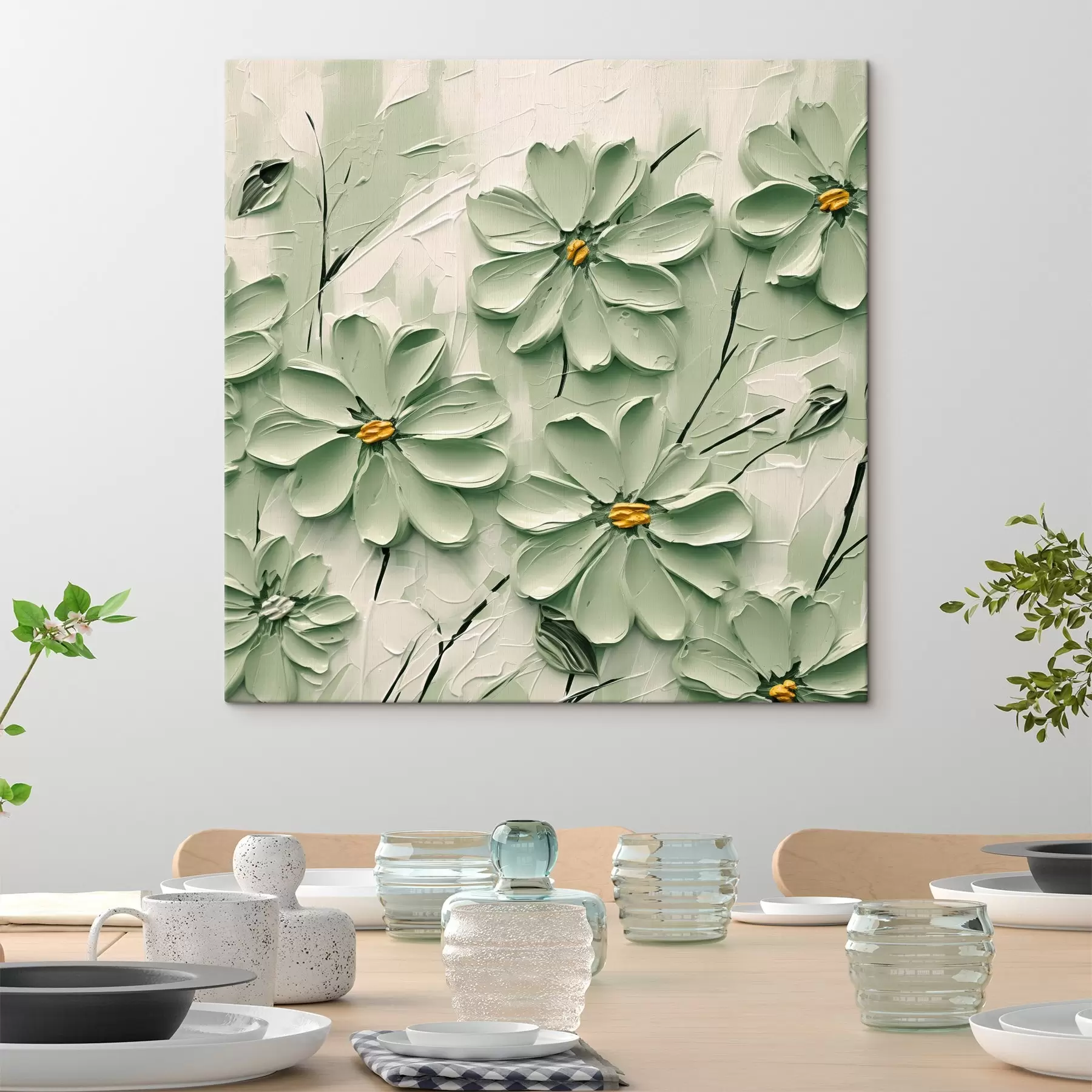 carta da parati Fiori verdi con centro giallo dipinti con pennellate spesse su sfondo chiaro nr. s45265