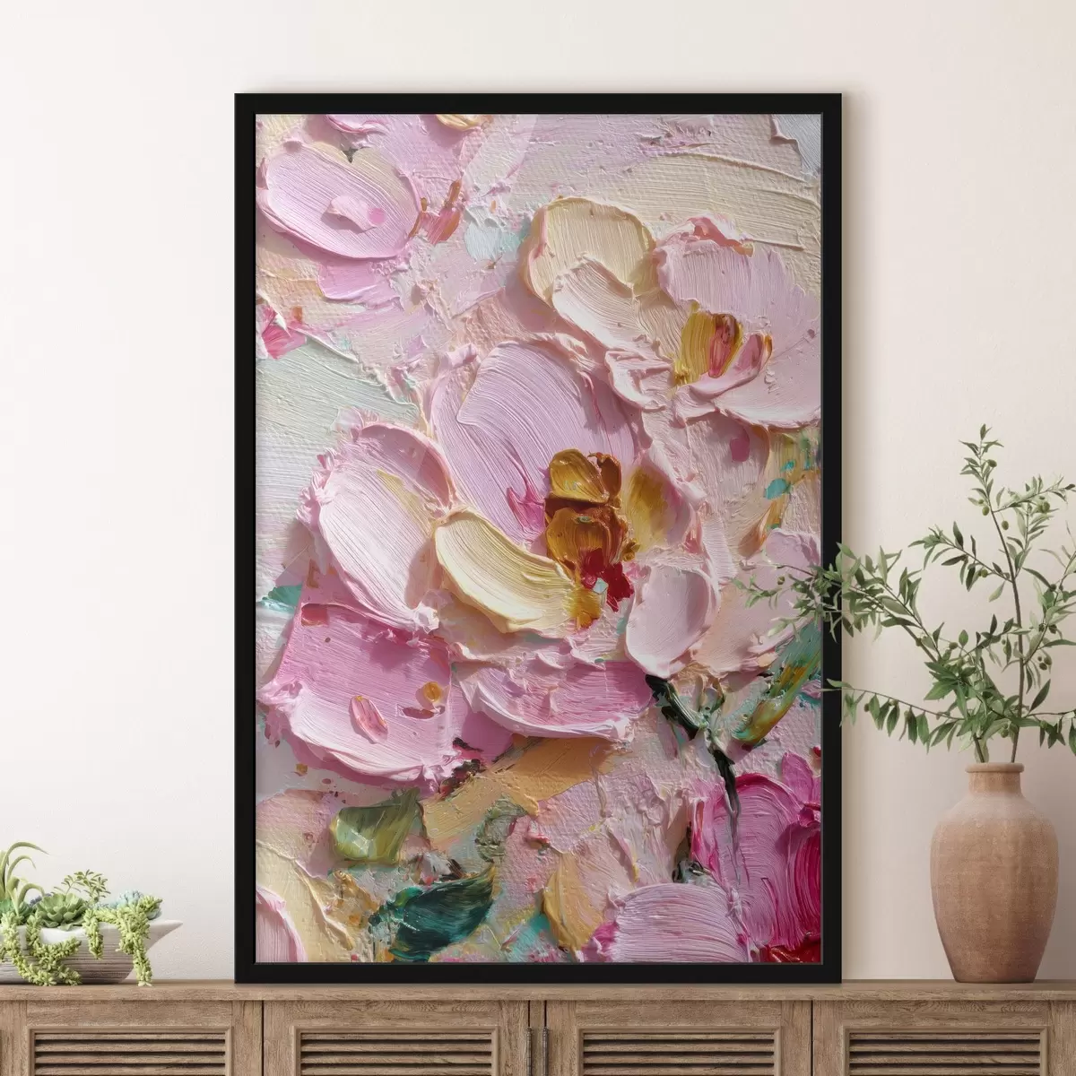 Poster Magnolie rosa: pittura materica con pennellate dimensionali f45249