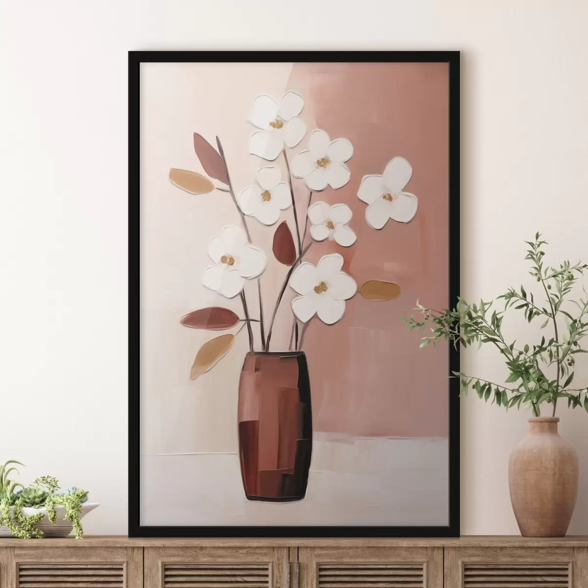 Poster Fiori bianchi in un vaso scuro: quadro floreale moderno f45255