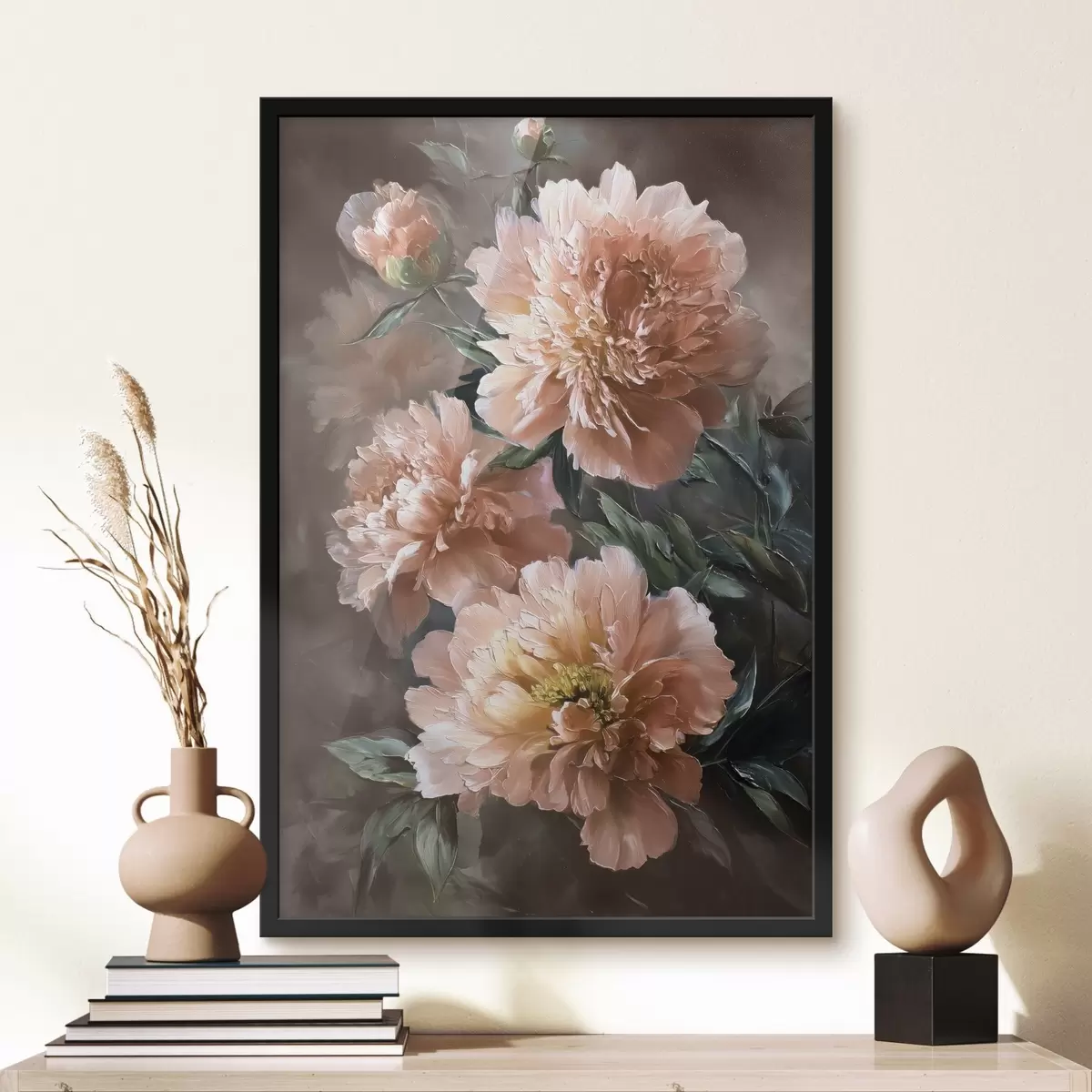 Poster Peonie rosa su uno sfondo dai toni caldi in stile pennellato f45260