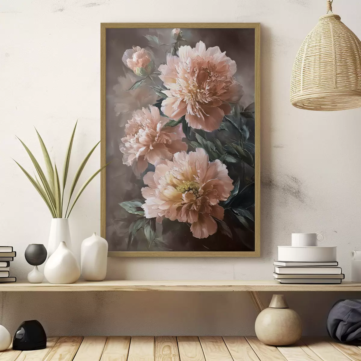 Poster Peonie rosa su uno sfondo dai toni caldi in stile pennellato f45260