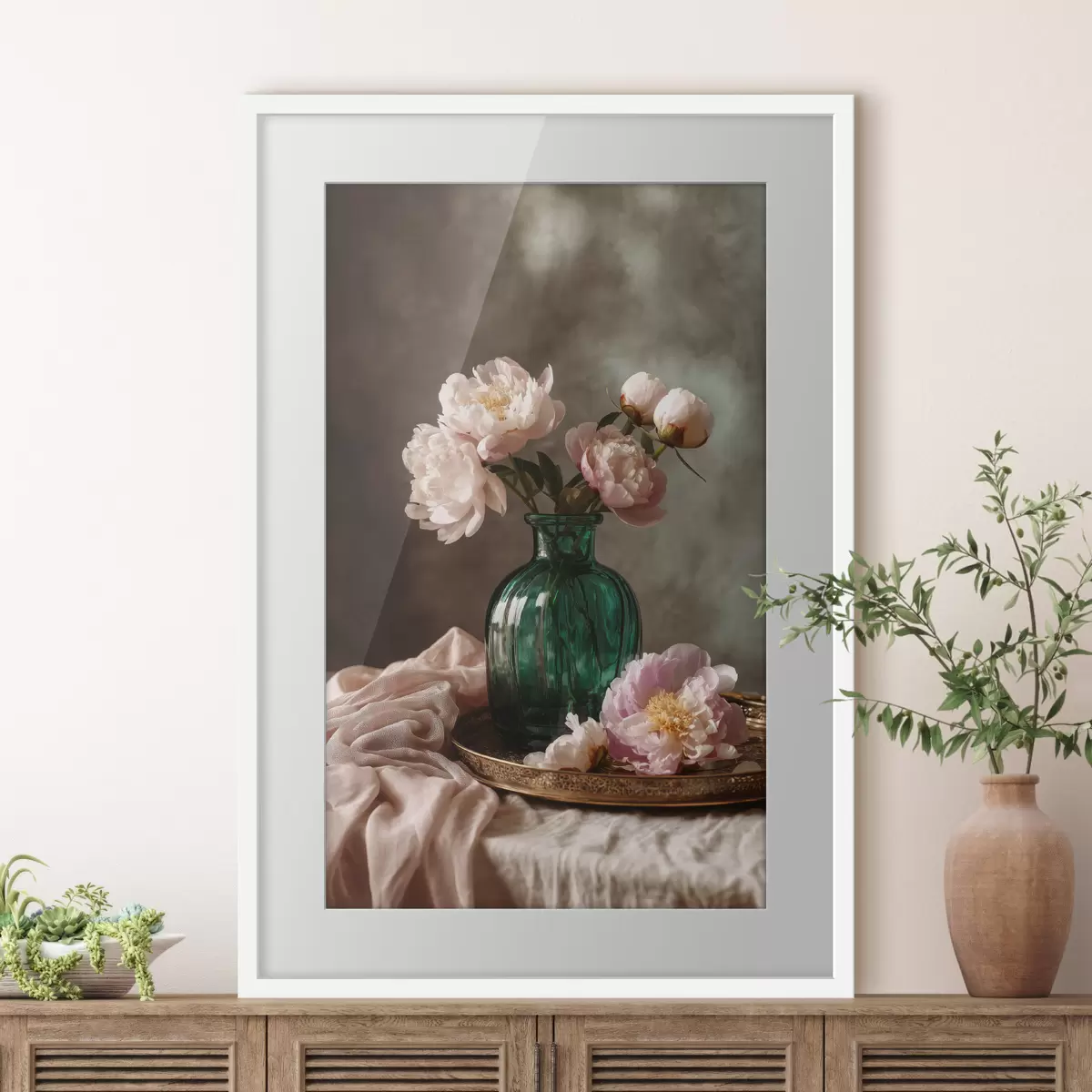 Poster Delicate peonie rosa in un vaso color smeraldo f45261