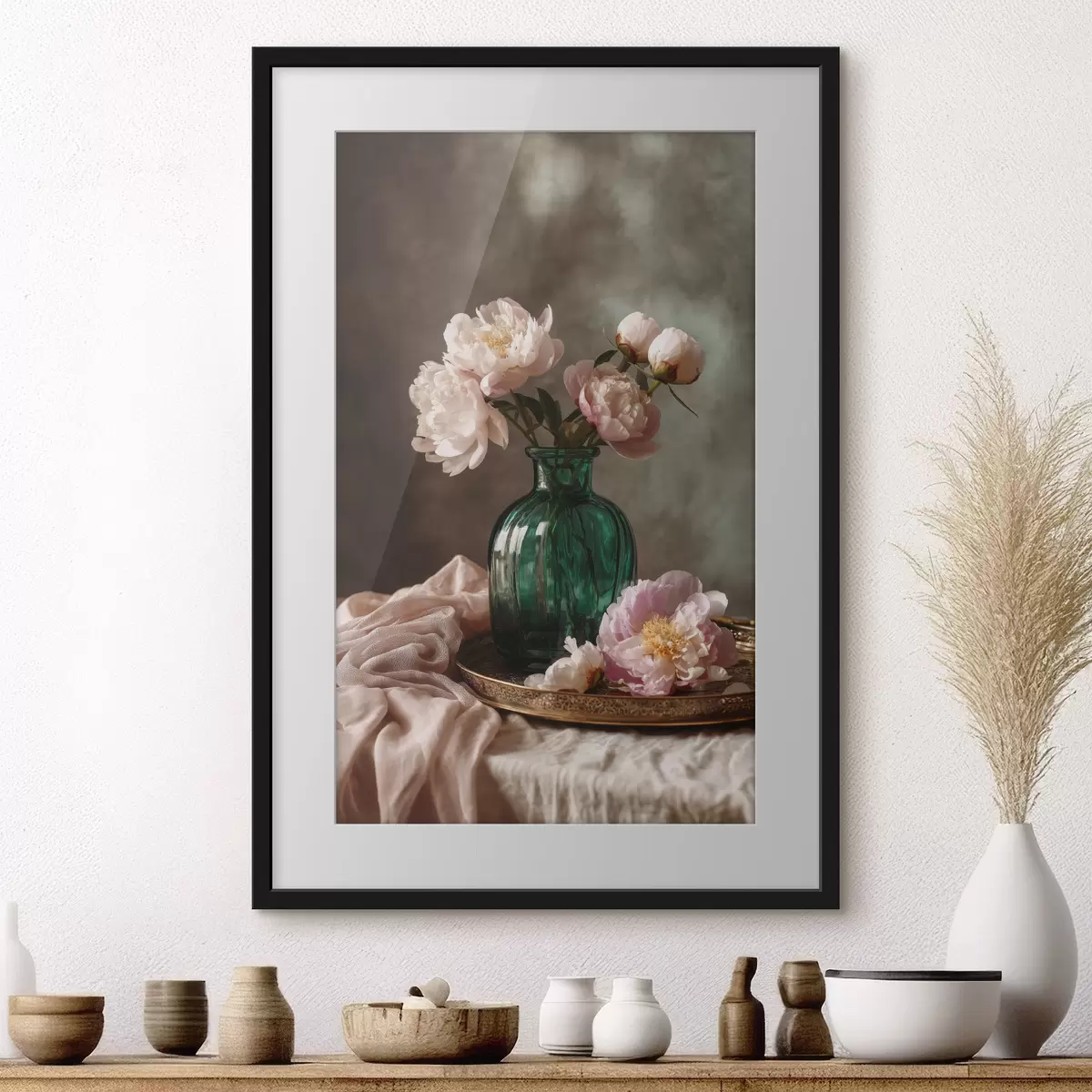 Poster Delicate peonie rosa in un vaso color smeraldo f45261